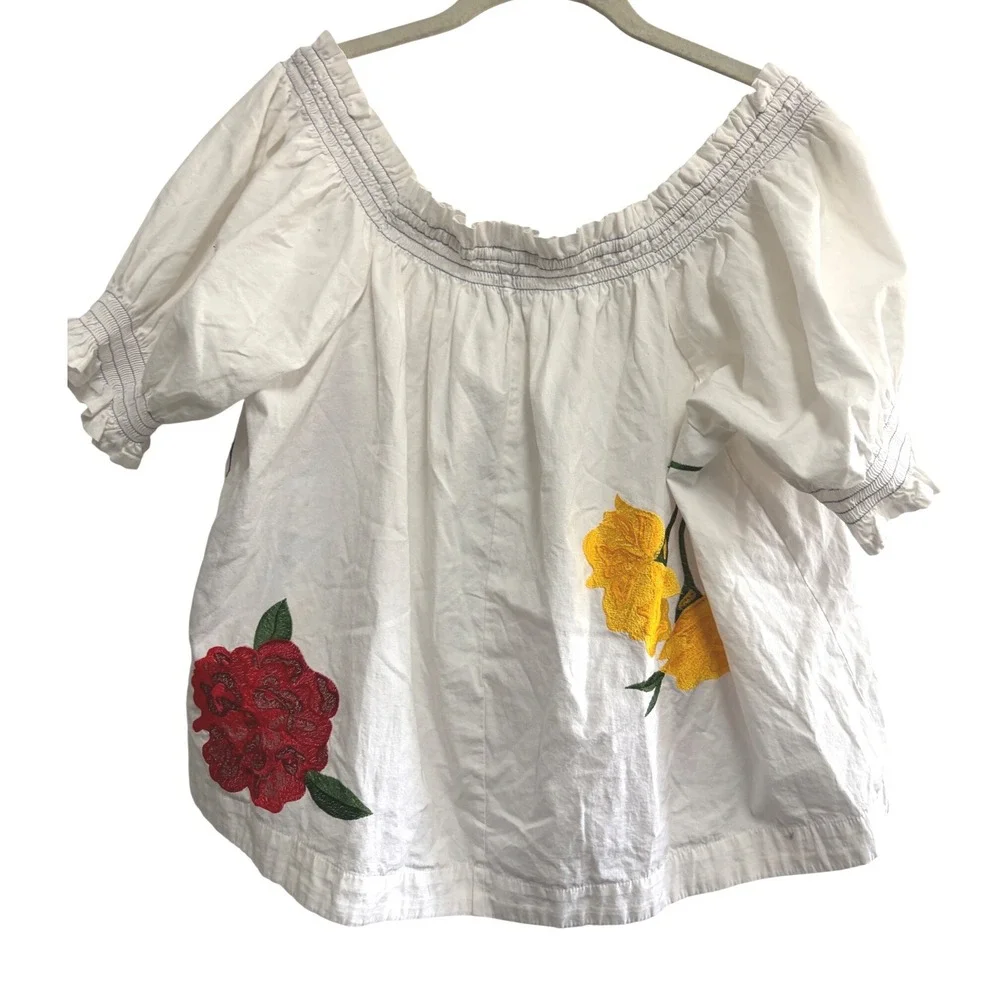Anthropologie Boho White‎ Floral Puff Sleeve Blouse Embroidered Cotton LP